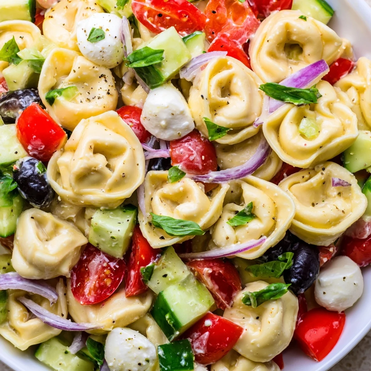 Colorful tortellini salad with cherry tomatoes, cucumber, and mozzarella tossed in zesty Italian dressing