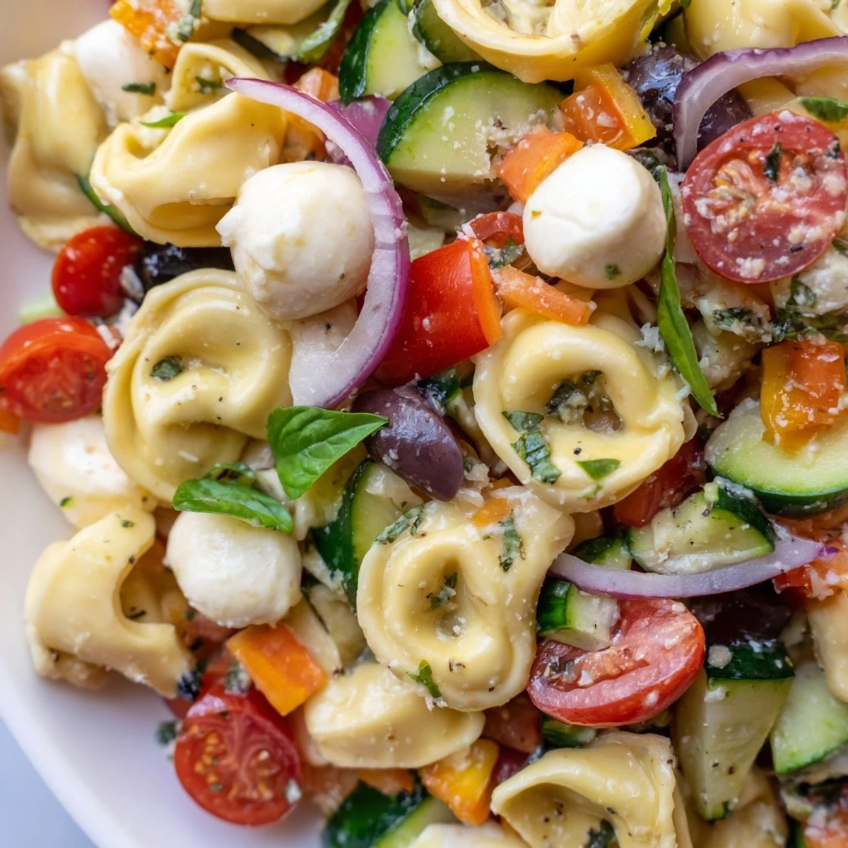 Creamy cheese tortellini salad served in a white bowl with fresh basil and vegetables