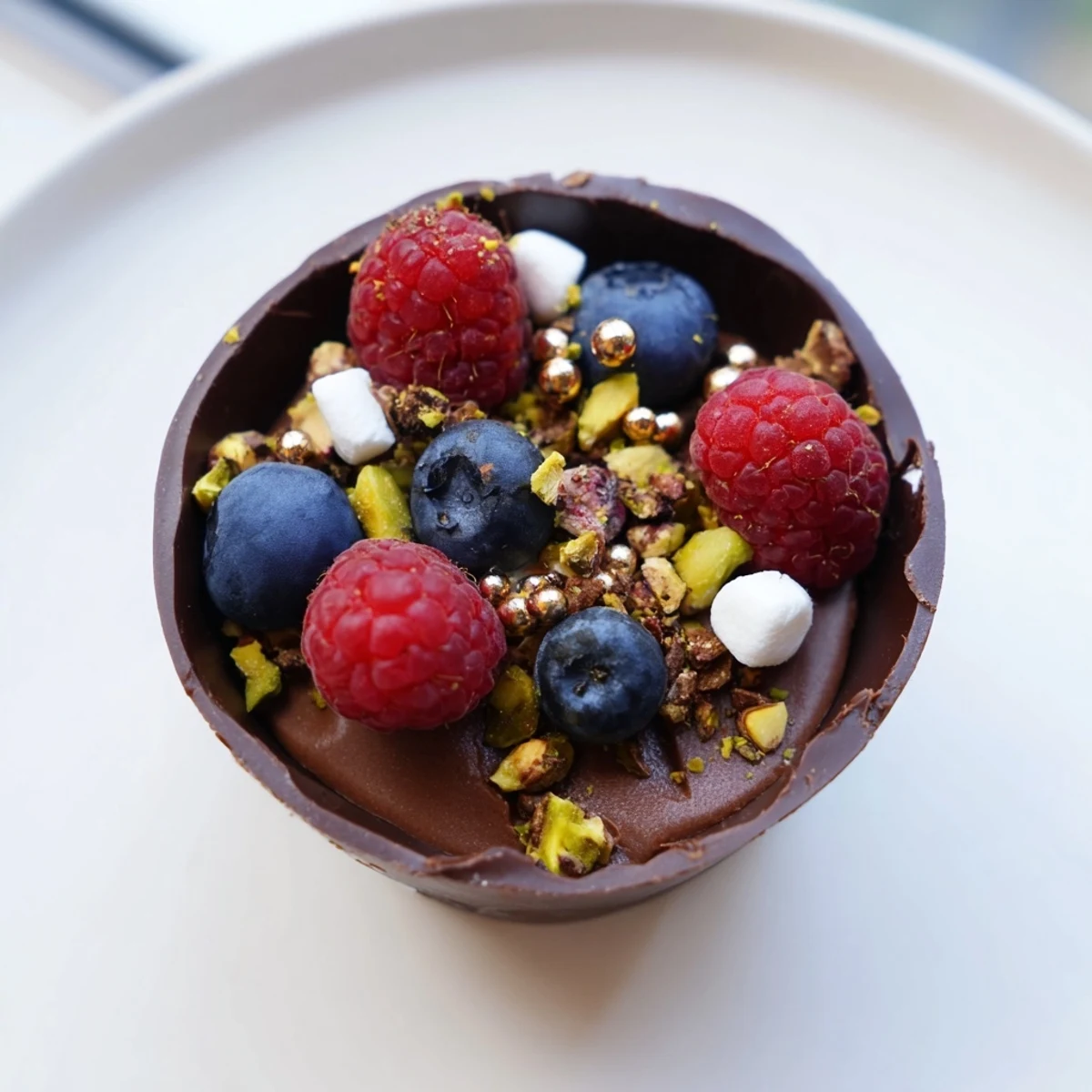 Chocolate grazing cups filled with creamy mousse and topped with fresh berries and nuts
