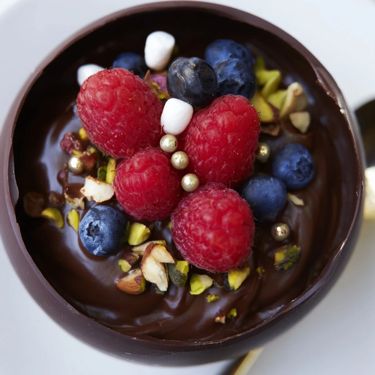 Elegant chocolate grazing cups with glossy mousse, colorful berries, and crunchy texture toppings