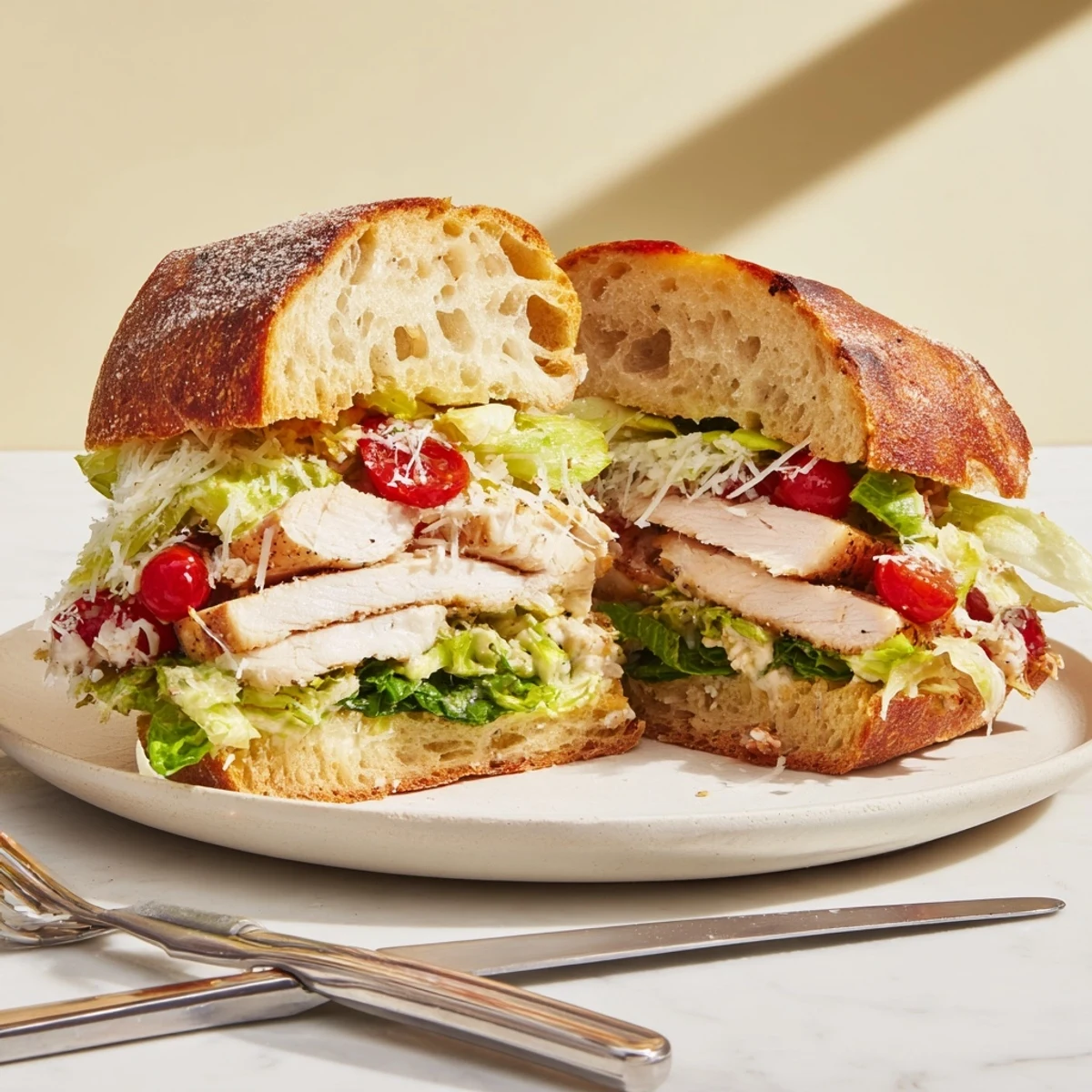 Golden toasted chicken Caesar sandwich layered with crisp romaine and creamy dressing