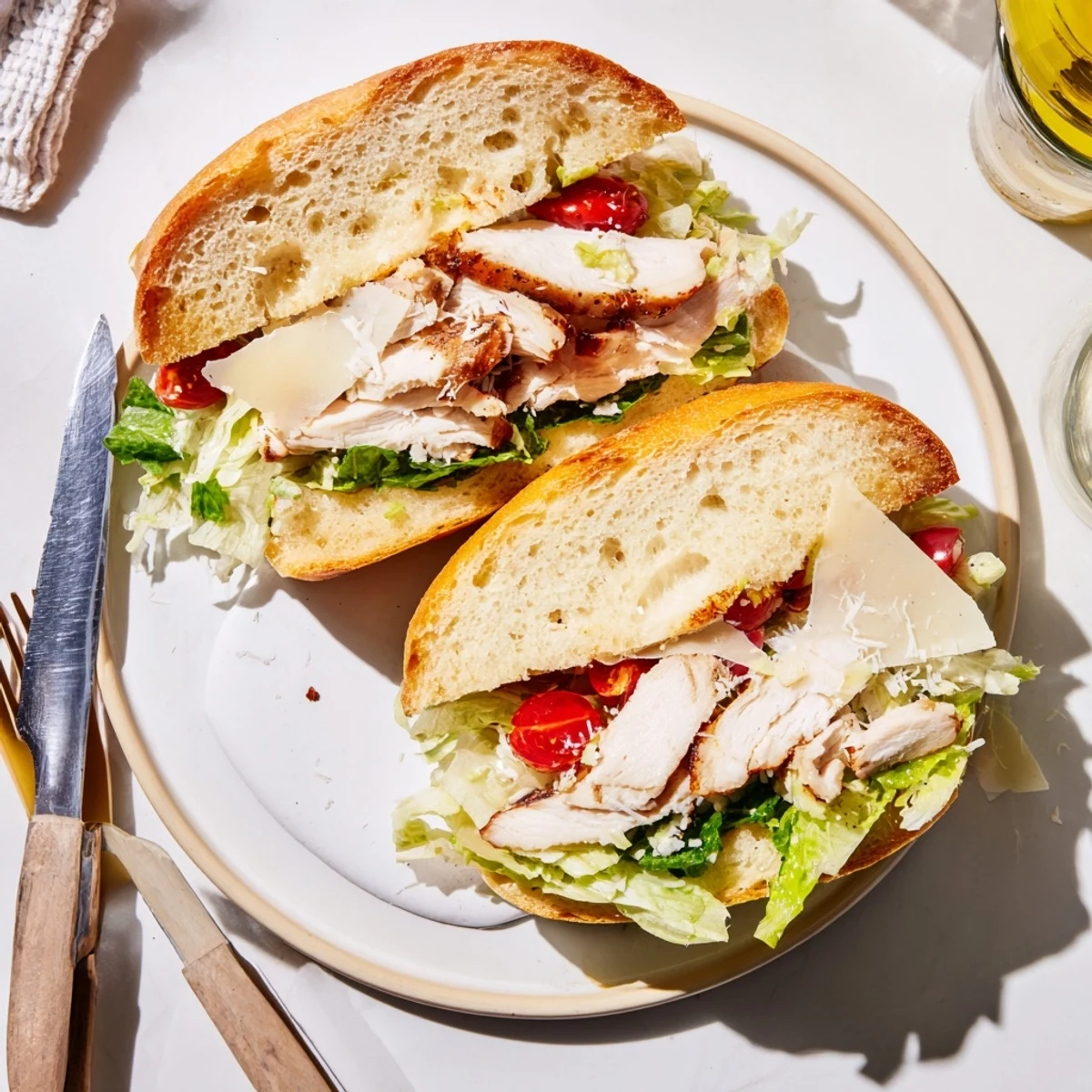 Grilled chicken Caesar sandwich on crusty ciabatta with shaved parmesan and fresh lettuce