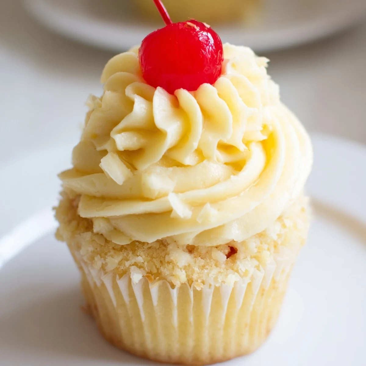 Banana milkshake cupcakes topped with fluffy frosting and maraschino cherries on a rustic dessert plate