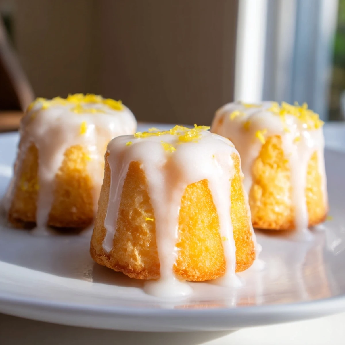 Golden mini lemon cakes with drizzled glaze on a white serving plate