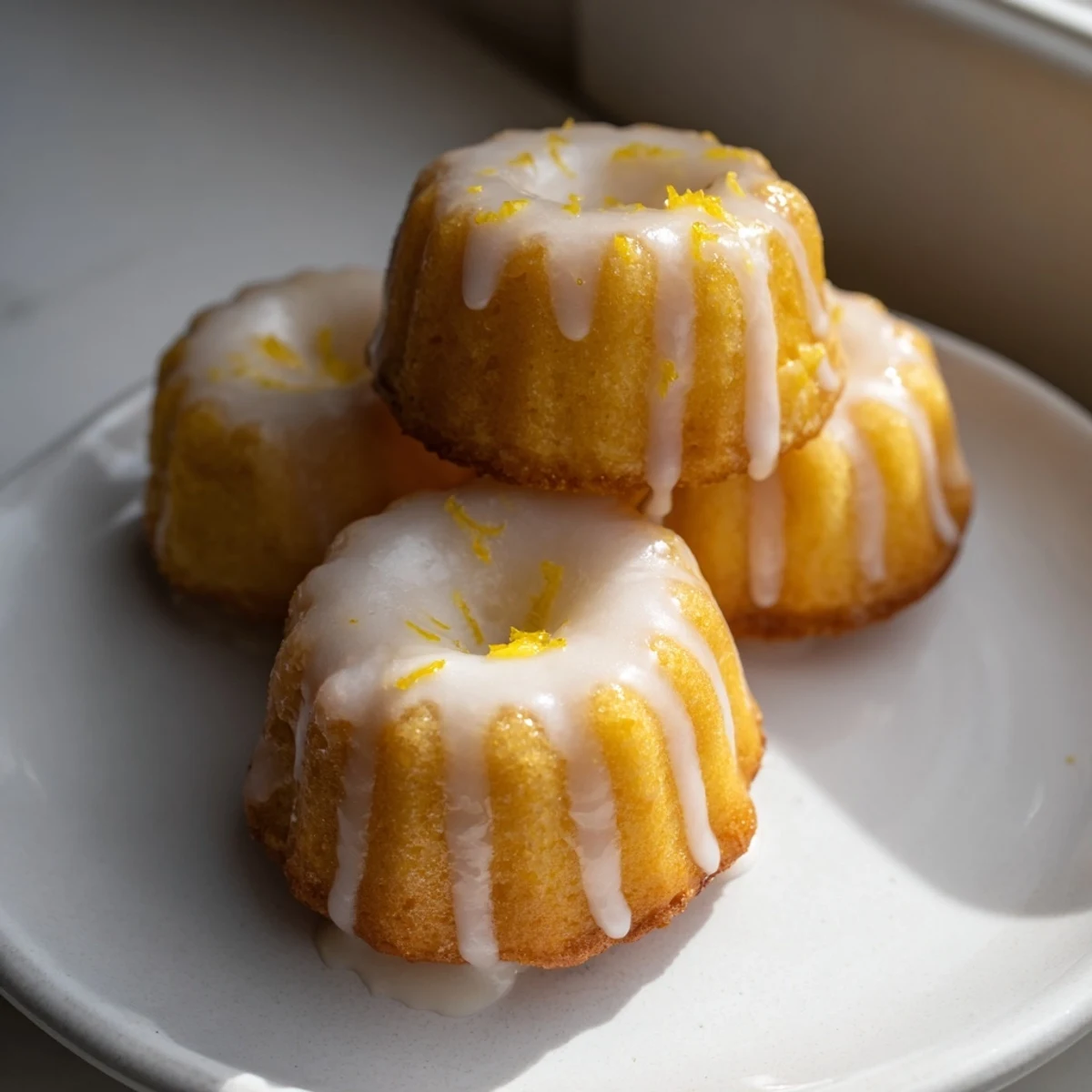 Moist mini lemon cakes topped with tangy citrus icing close-up