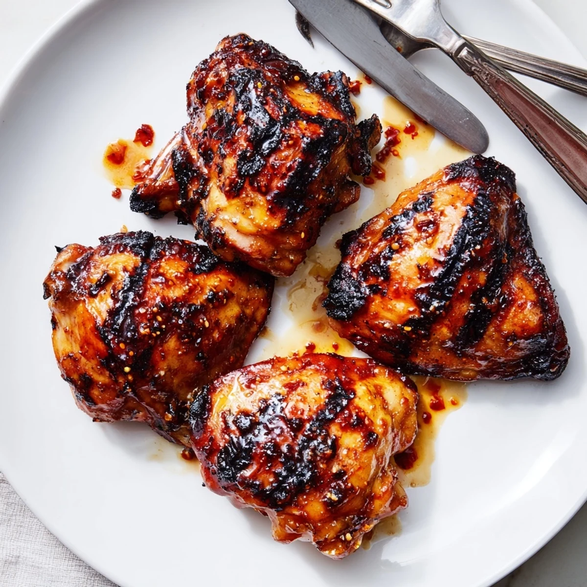 Golden chicken thighs glazed with killer chicken thigh marinade, fresh off the grill