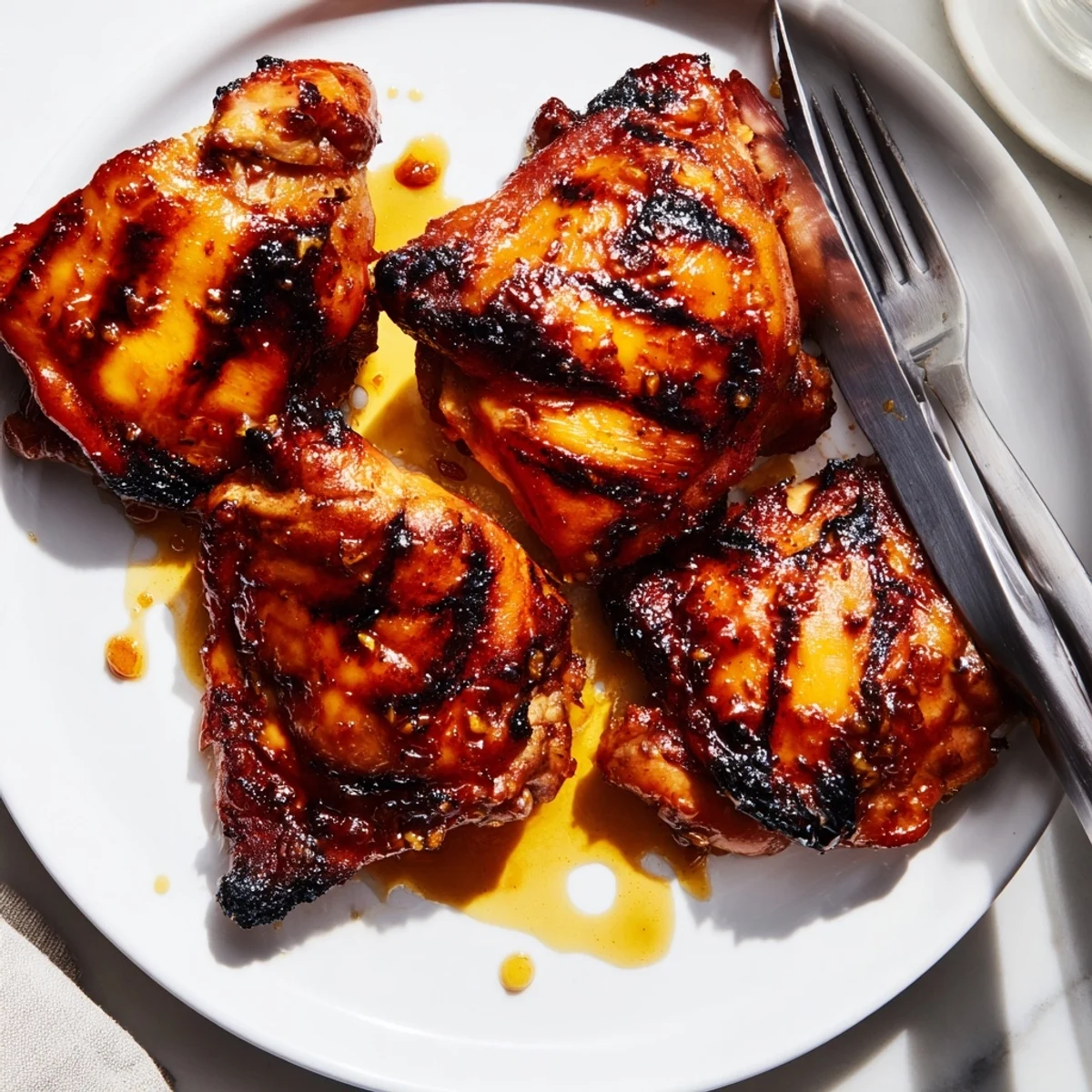 Close-up of juicy killer chicken thigh marinade with caramelized edges on a rustic plate