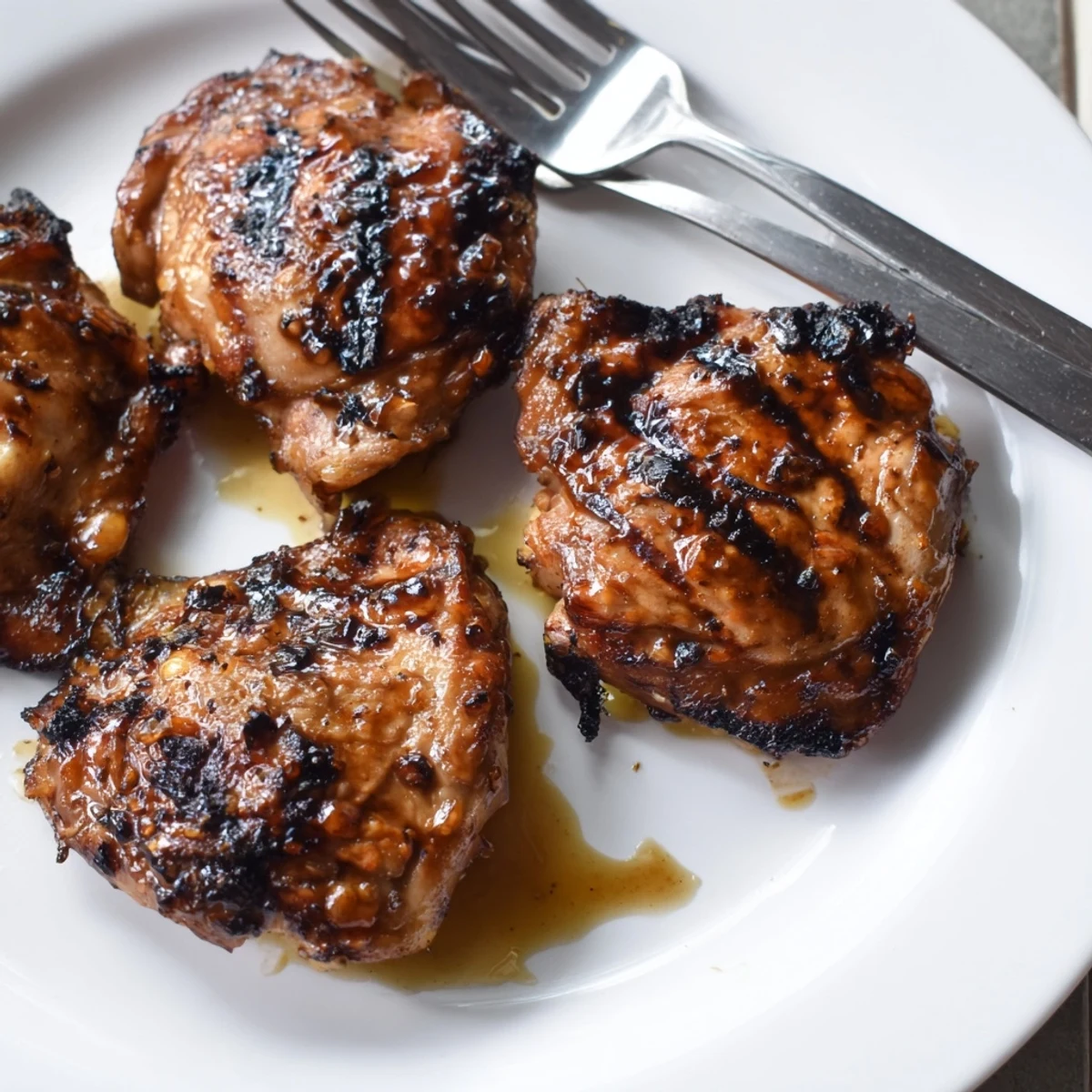 Crispy-skinned killer chicken thigh marinade pieces plated alongside roasted vegetables and herbs