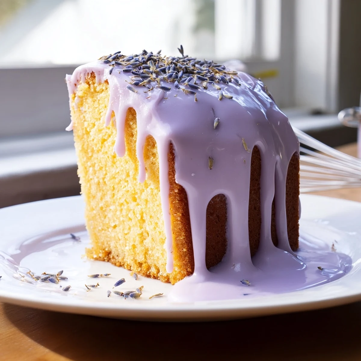 Smooth lavender glaze drizzled over a golden pound cake slice on a white plate