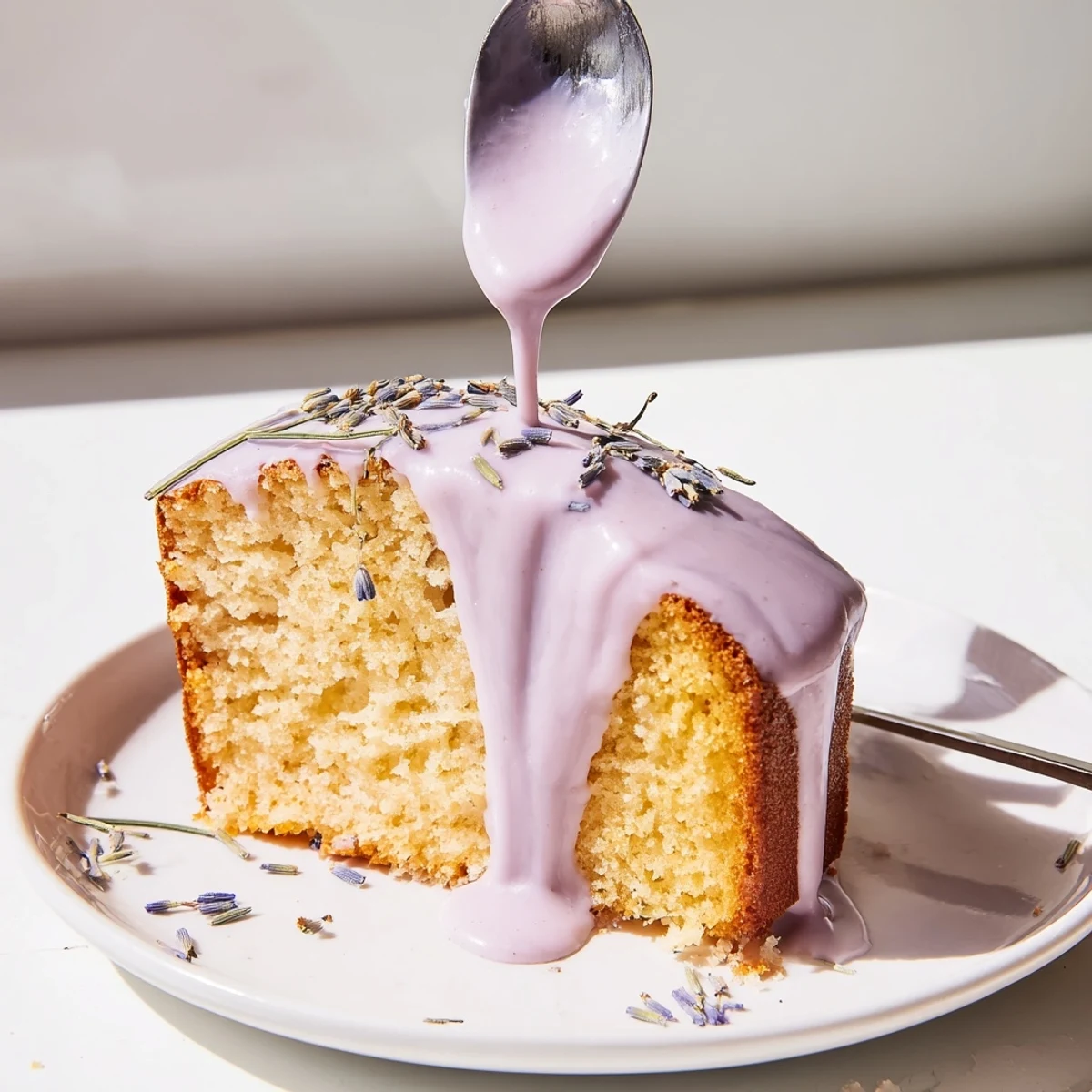 Thin purple lavender glaze cascading down a freshly baked bundt cake with floral aroma