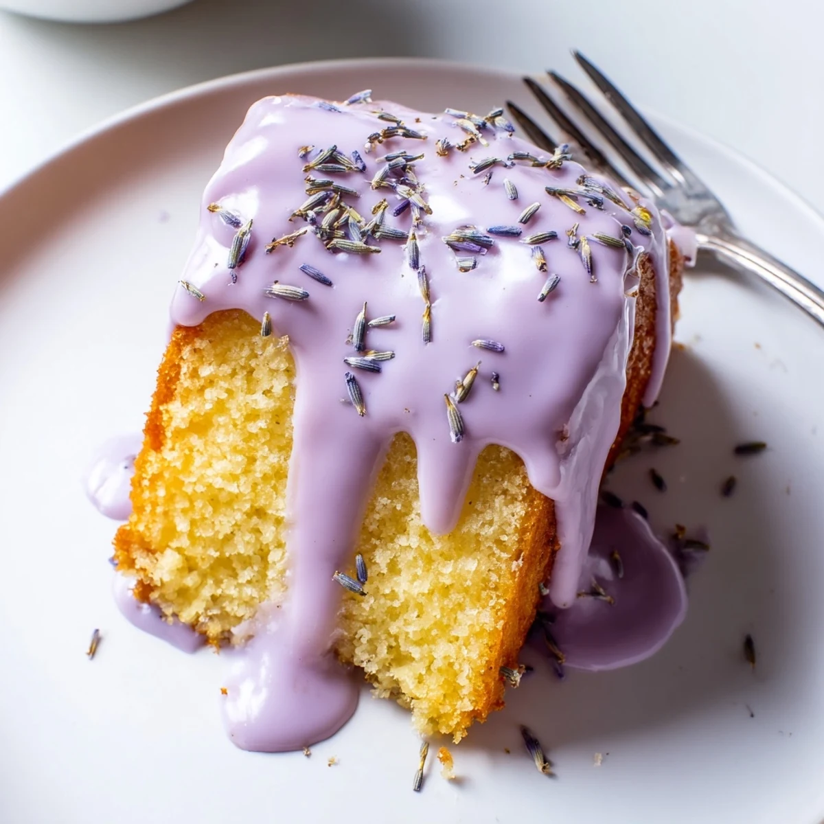 Thick lavender glaze pooling atop a rustic scone beside a steaming cup of tea