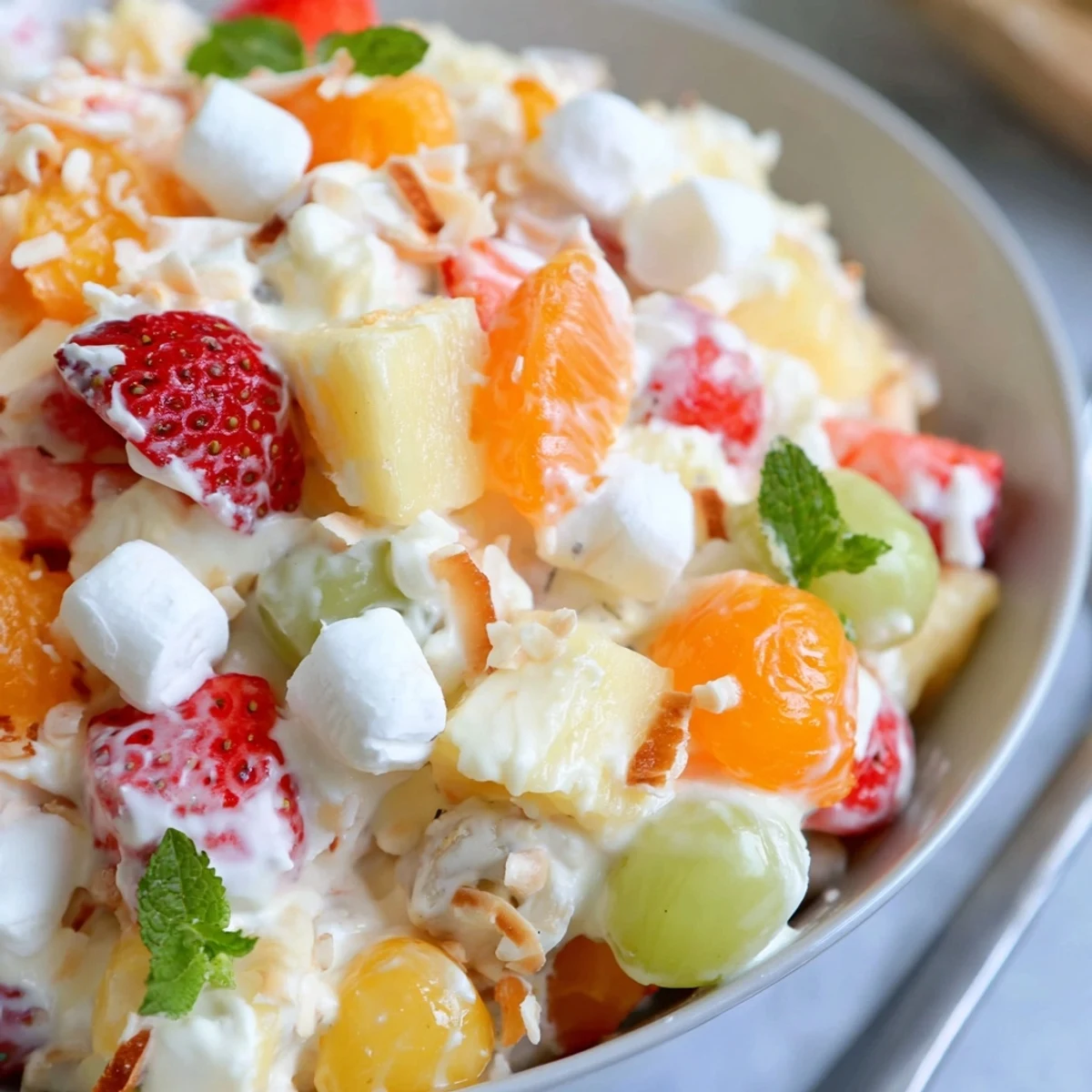 Creamy Hawaiian Cheesecake Salad loaded with tropical fruit and toasted coconut garnish