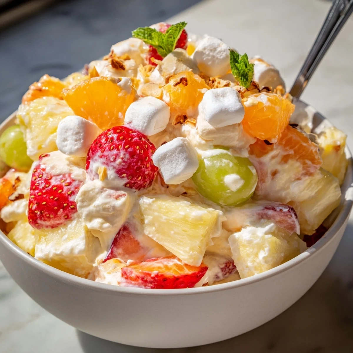 Chilled Hawaiian Cheesecake Salad topped with fresh mint and colorful diced island fruits