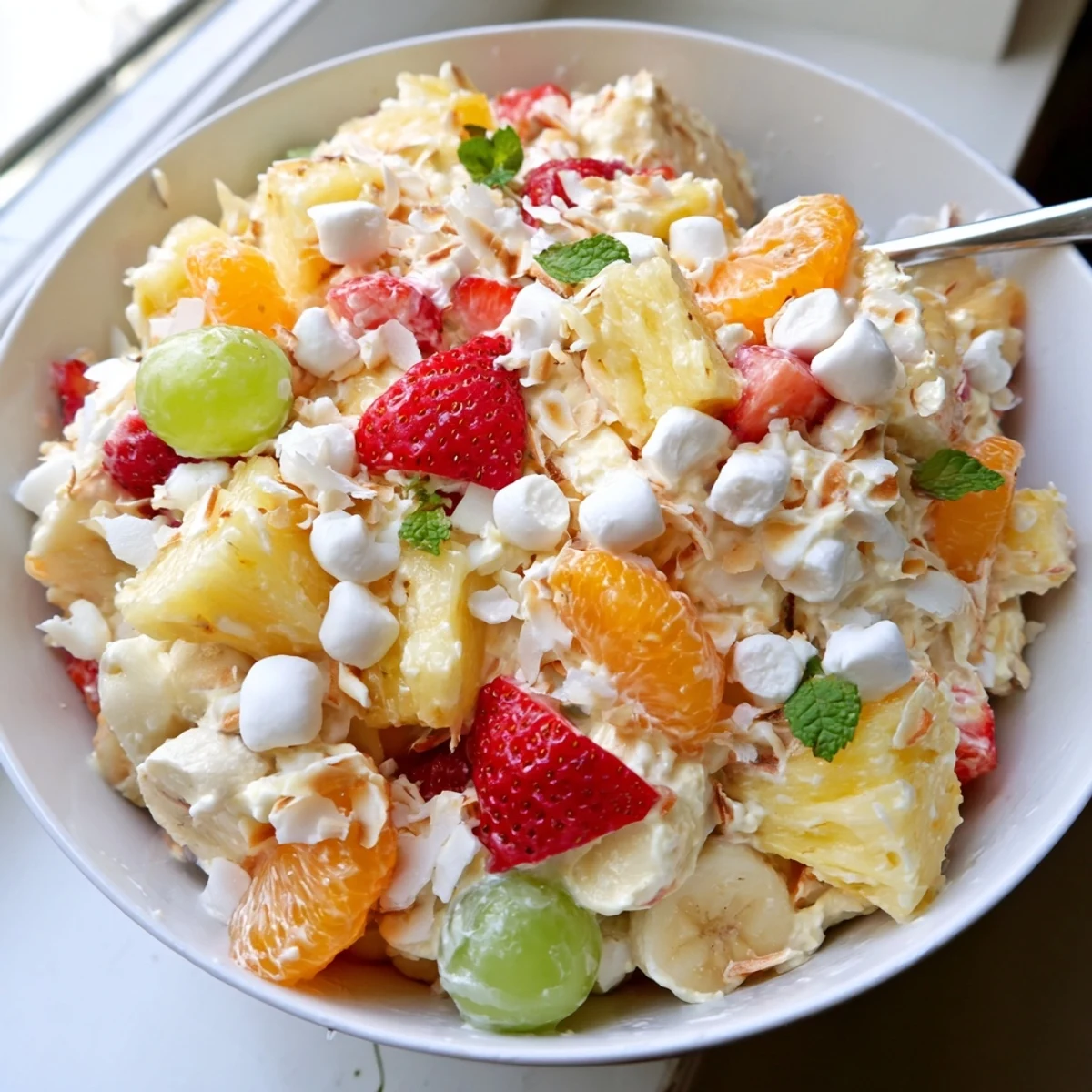Hawaiian Cheesecake Salad in a bowl with juicy strawberries pineapple and fluffy cream