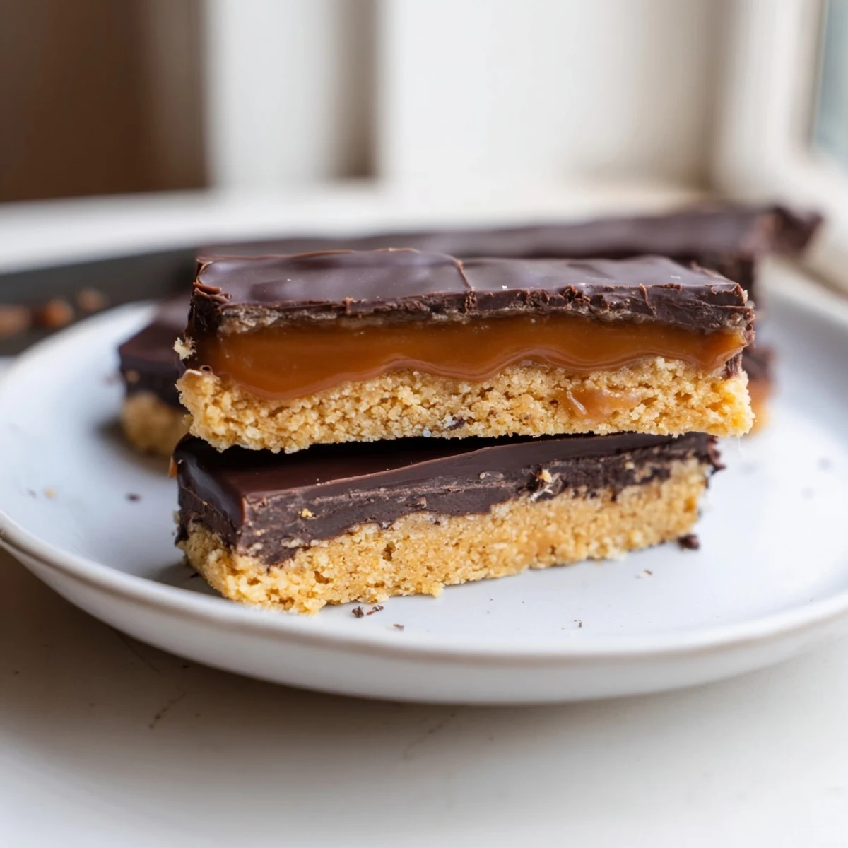Healthy Twix bars layered with golden date caramel and dark chocolate topping