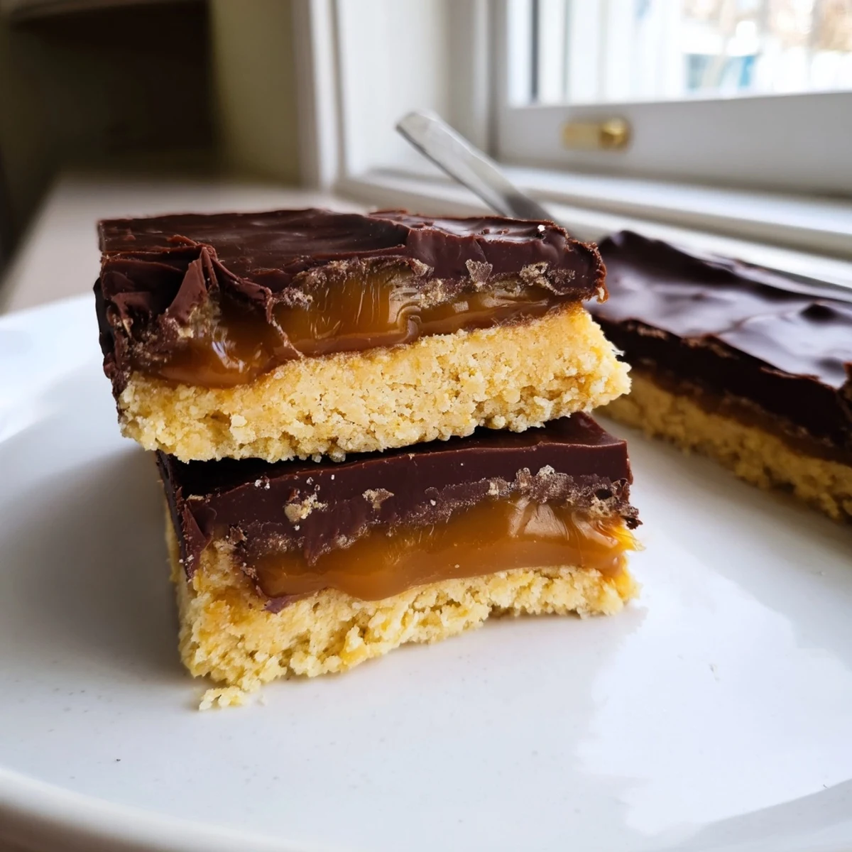 No-bake healthy Twix bars with a nutty almond crust and smooth chocolate coating