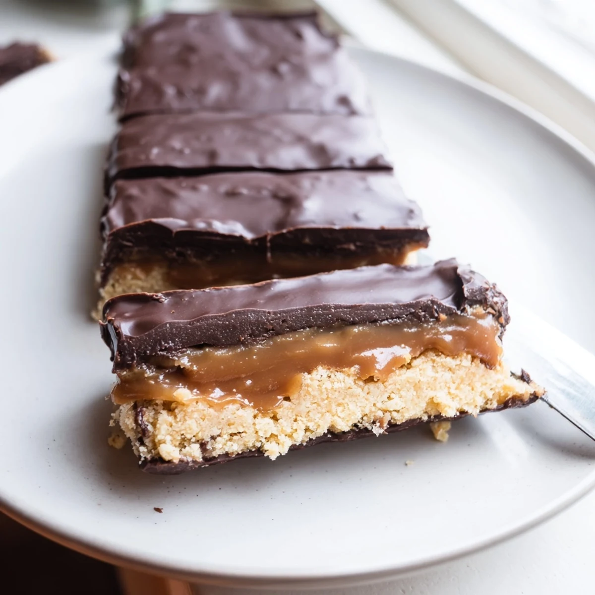 Chilled healthy Twix bars cut into squares revealing a creamy caramel center