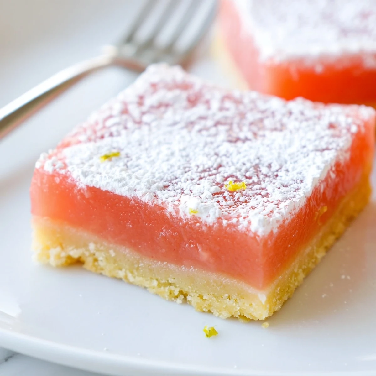 Bright pink grapefruit bars sliced into neat squares showing a creamy citrus layer atop golden crust