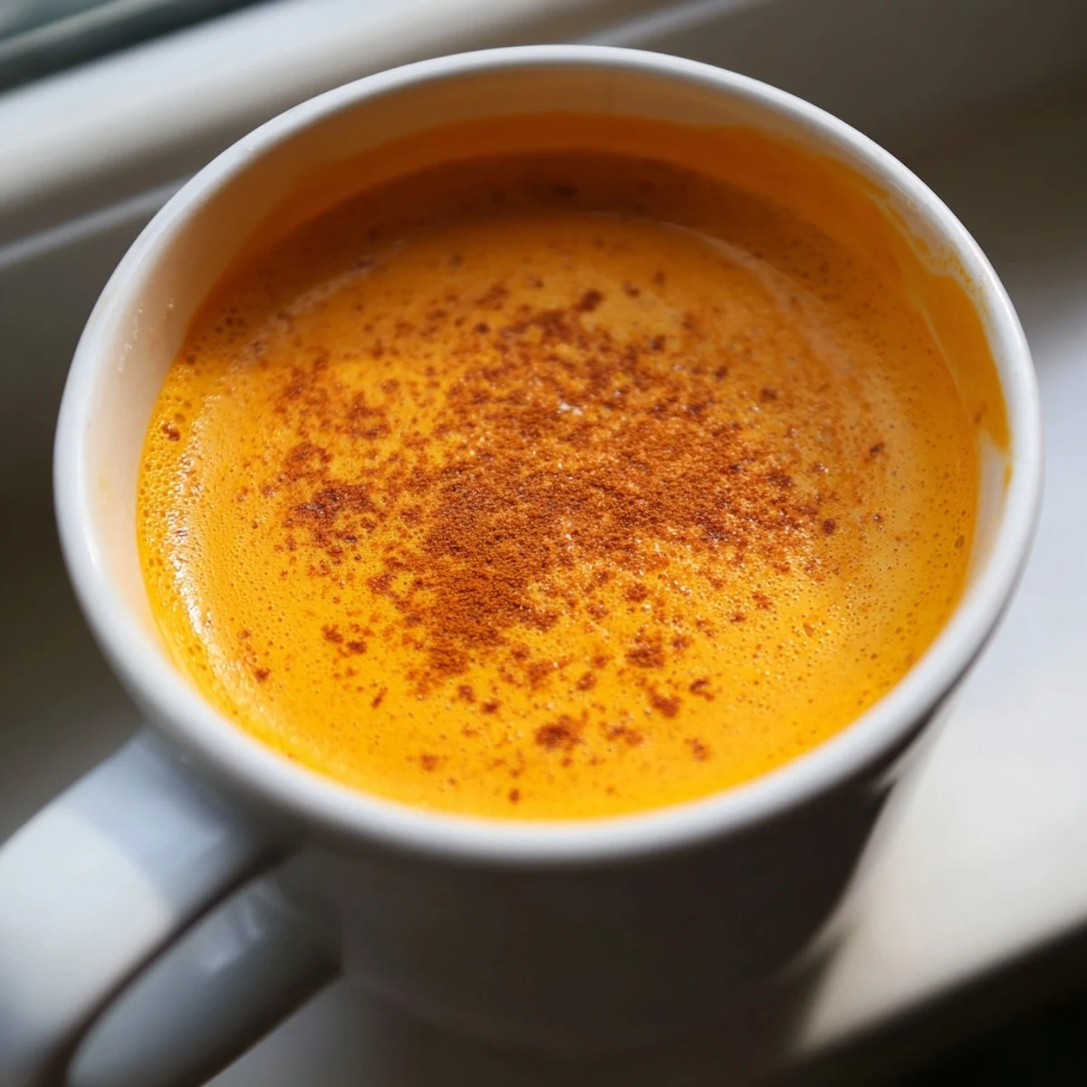 Smooth Korean sweet potato latte poured into two mugs with a dusting of nutmeg