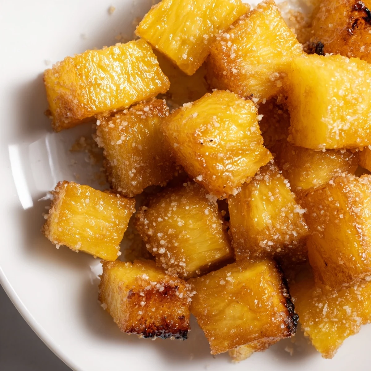 Golden caramelized air fryer pineapple chunks with crisp edges on a rustic serving plate