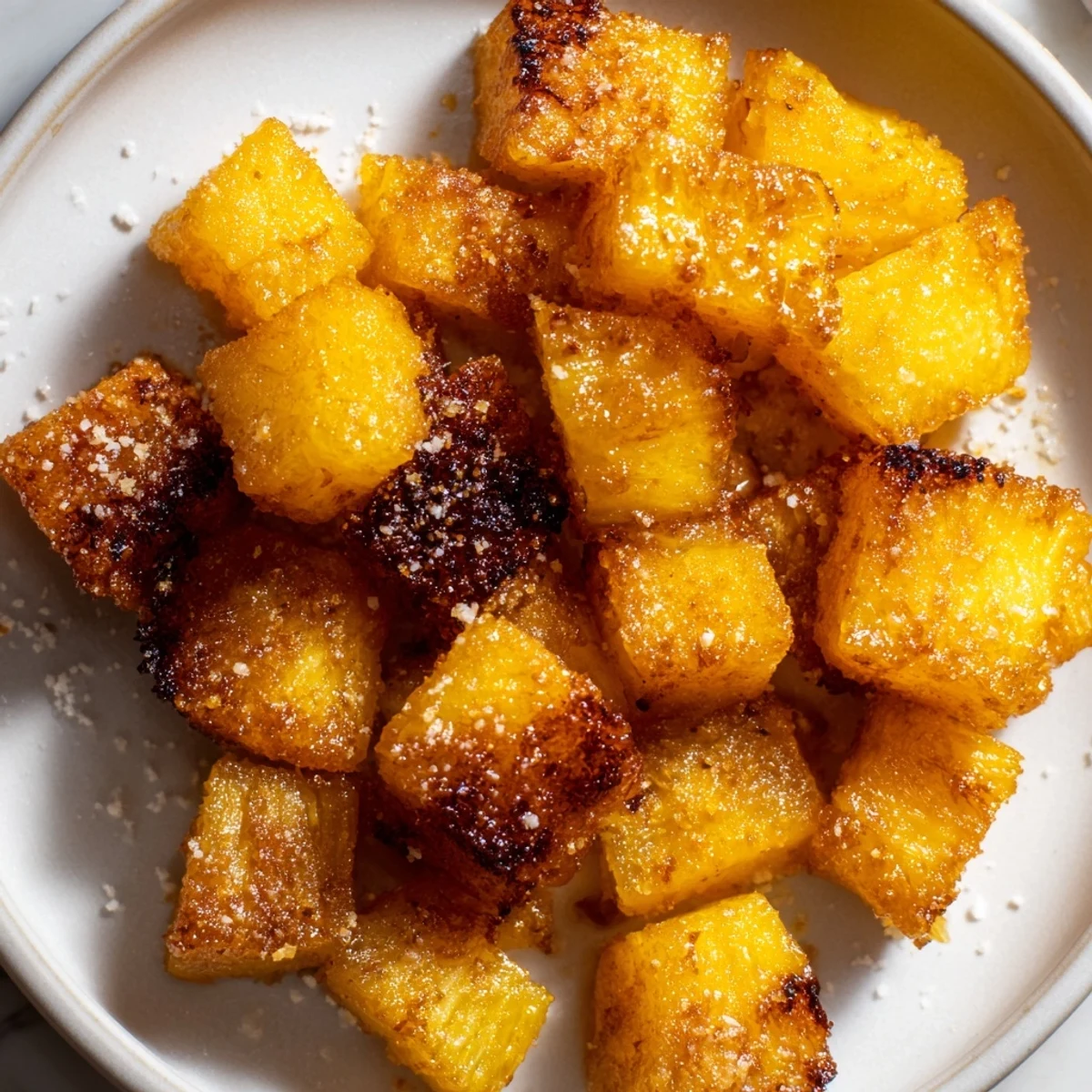 Air fryer pineapple chunks glistening with brown sugar glaze topped over creamy vanilla yogurt