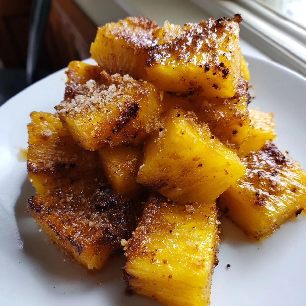 Steaming hot air fryer pineapple chunks dusted with cinnamon served in a ceramic bowl