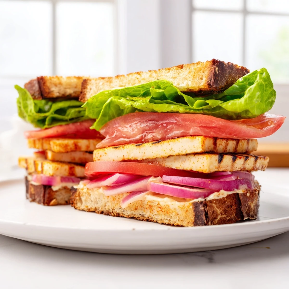 Smoky Tofu Lettuce Tomato TLT Sandwich served on toasted sourdough with ripe red tomatoes