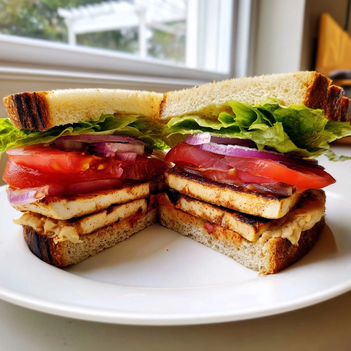 Golden smoky marinated tofu layered with crisp lettuce and juicy tomato on whole grain bread