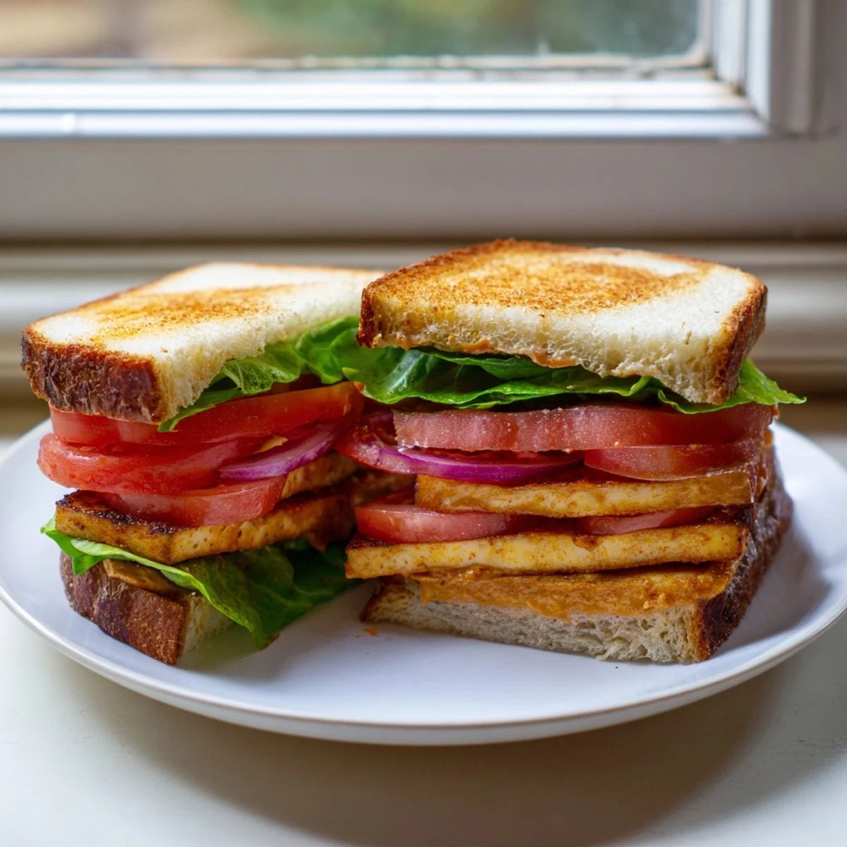 Vegan TLT Sandwich featuring chargrilled spiced tofu fresh lettuce and thick tomato slices stacked tall