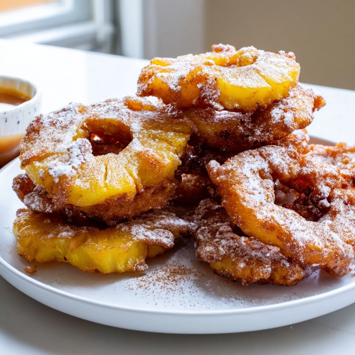 Crispy golden fried pineapple rings dusted with powdered sugar on a rustic plate
