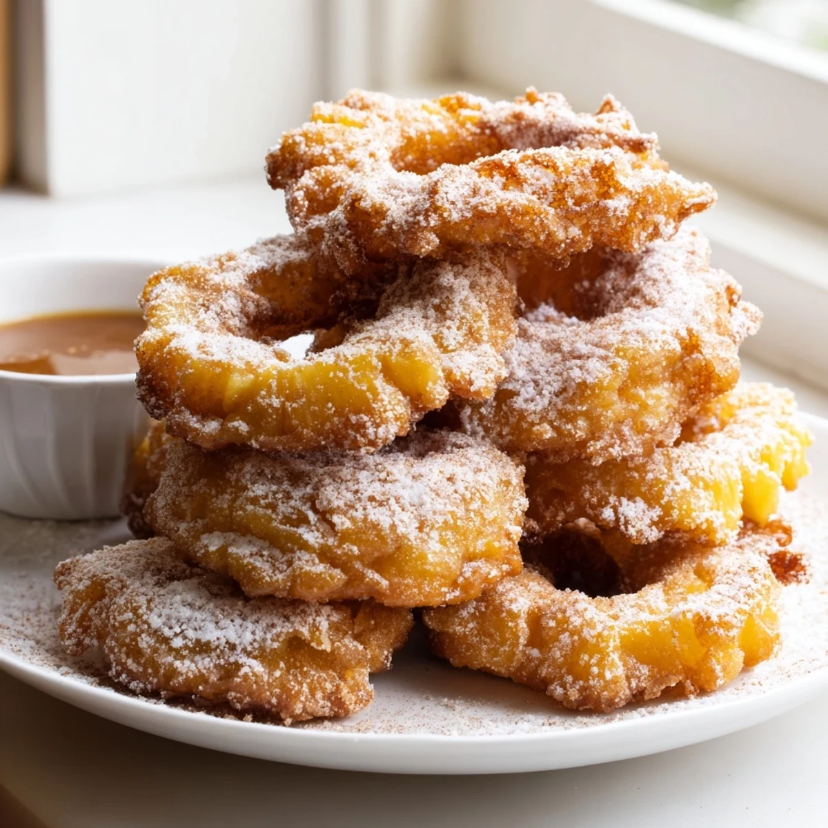 Warm fried pineapple rings drizzled with caramel sauce beside vanilla ice cream scoops