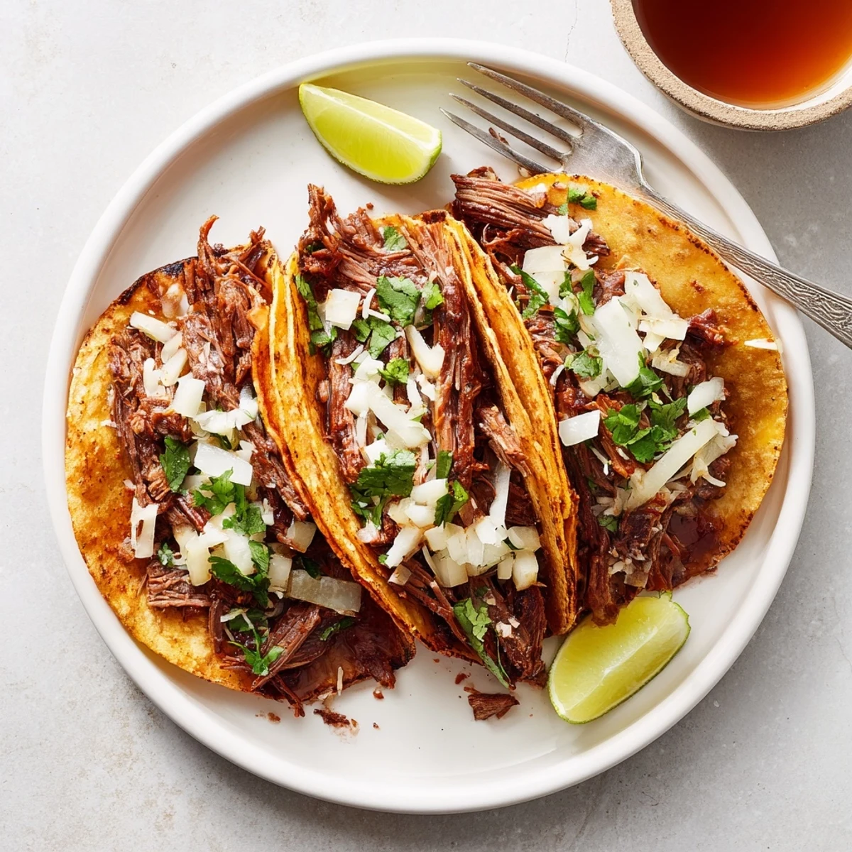 Crispy slow cooker birria tacos topped with onion, cilantro, and lime wedges