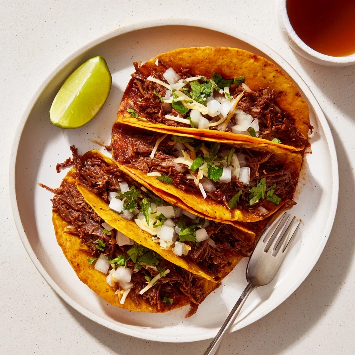 Tender shredded beef nestled in golden fried tortillas for slow cooker birria tacos