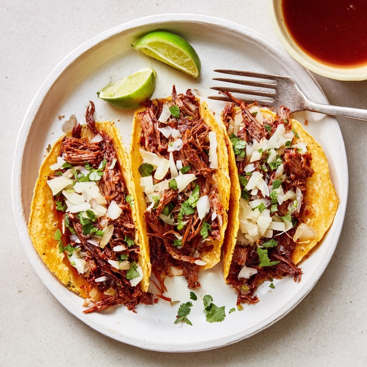 Slow cooker birria tacos served with a warm bowl of rich dipping consommé