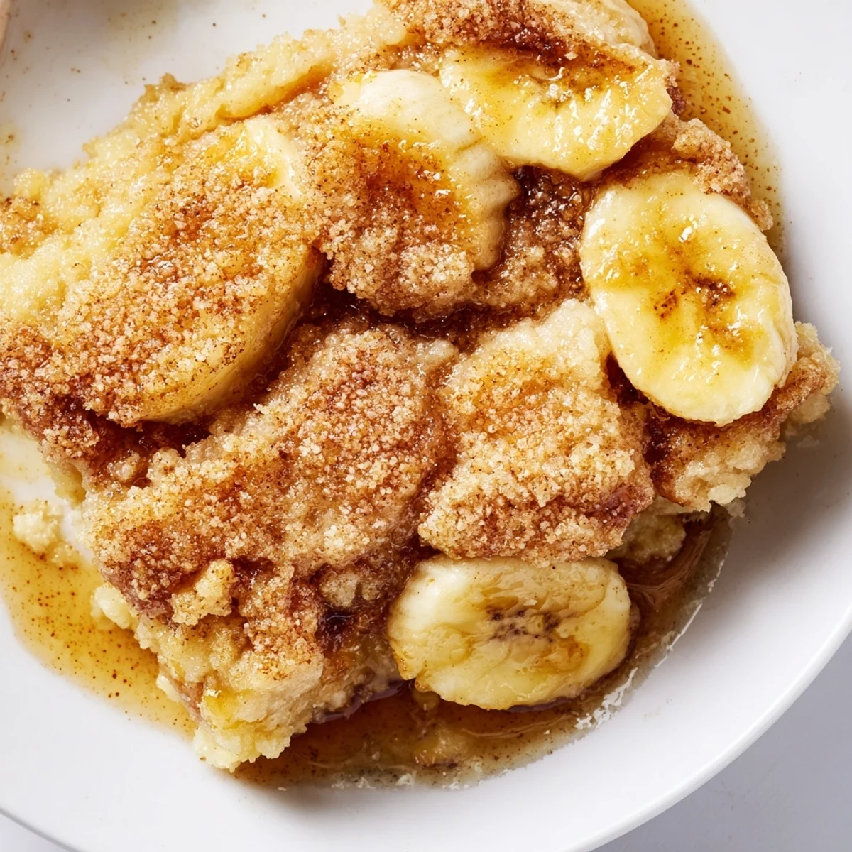 Warm Southern banana cobbler served in a dish with melting vanilla ice cream