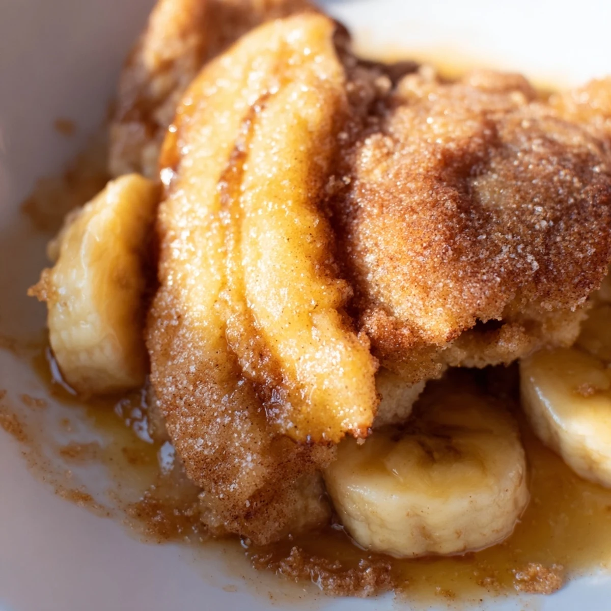 Golden Southern banana cobbler bubbling with cinnamon-spiced fruit under buttery topping