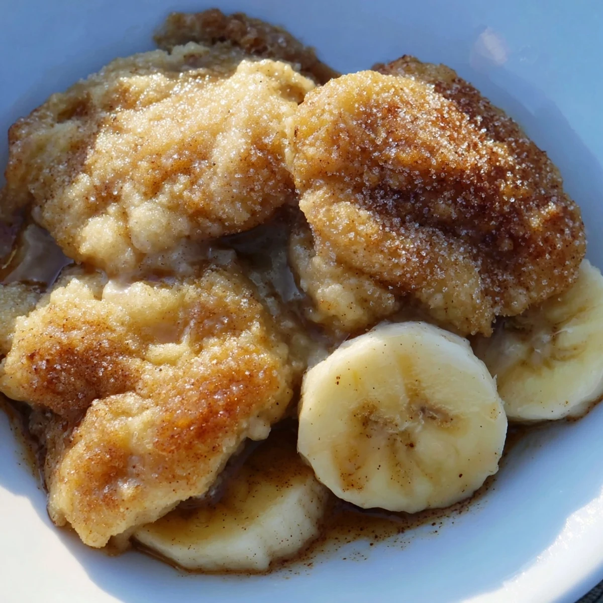 Slice of Southern banana cobbler revealing tender ripe bananas beneath golden crust