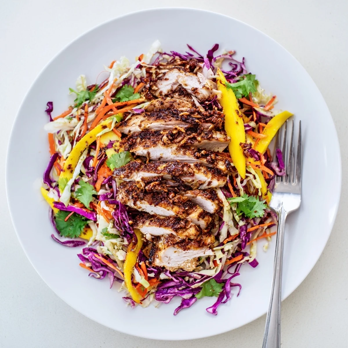 Charred spicy jerk chicken sliced over a bright crunchy mango slaw