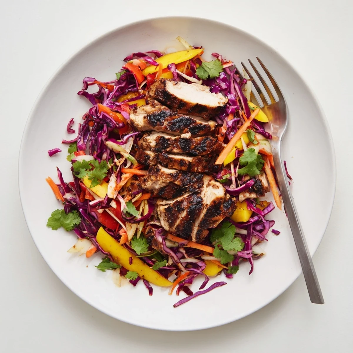 Grilled jerk chicken thighs with sweet mango slaw on a summer plate