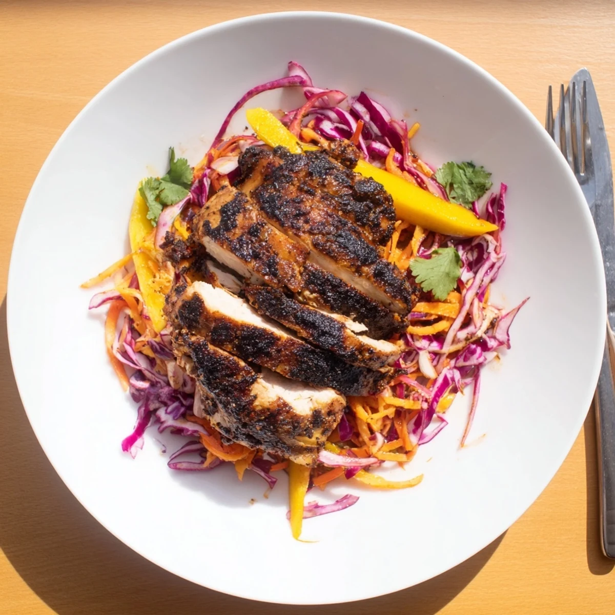 Smoky Caribbean jerk chicken resting beside tangy mango cabbage slaw