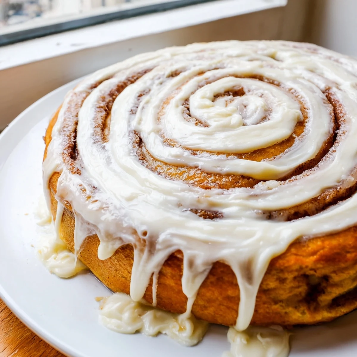 Golden cinnamon roll pancakes stacked high with thick cream cheese icing drizzled on top