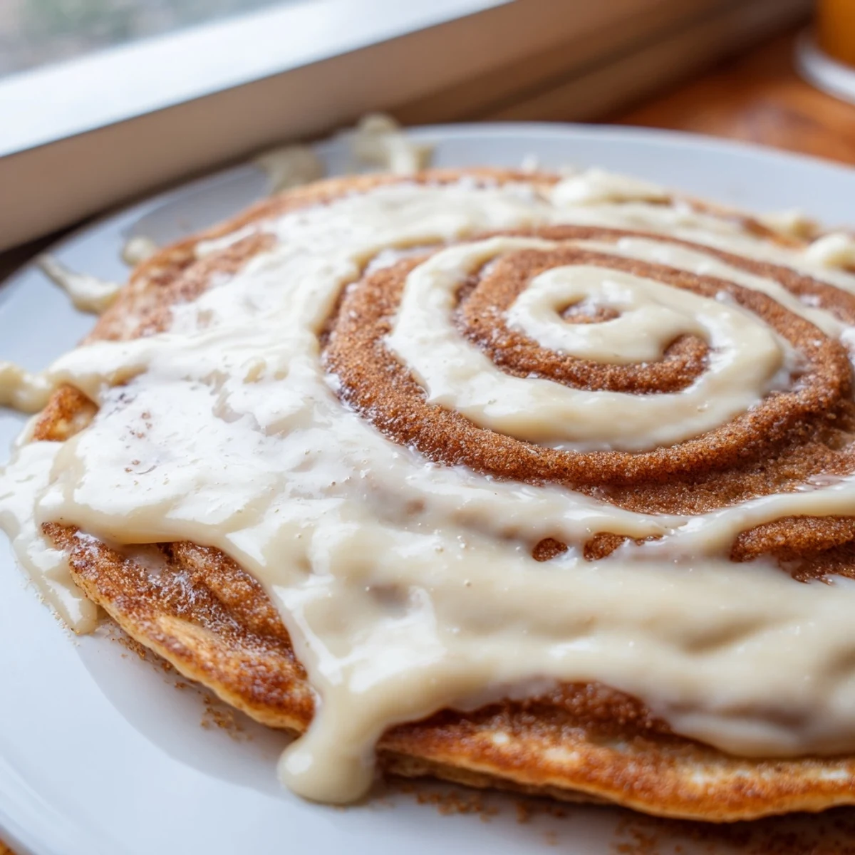 Fluffy cinnamon roll pancakes with a warm brown sugar cinnamon swirl and creamy glaze