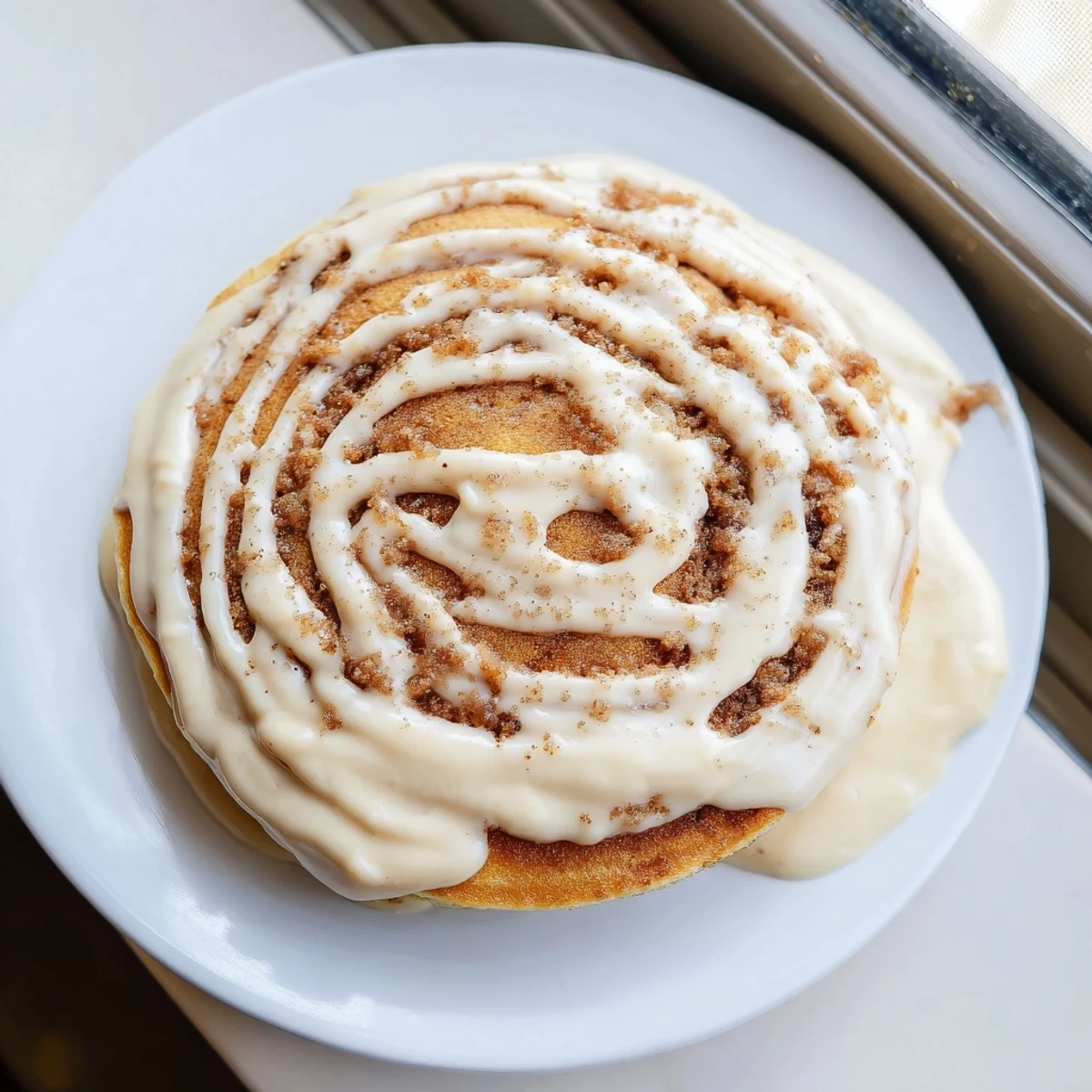 A stack of cinnamon roll pancakes piped with cinnamon filling and dripping with icing