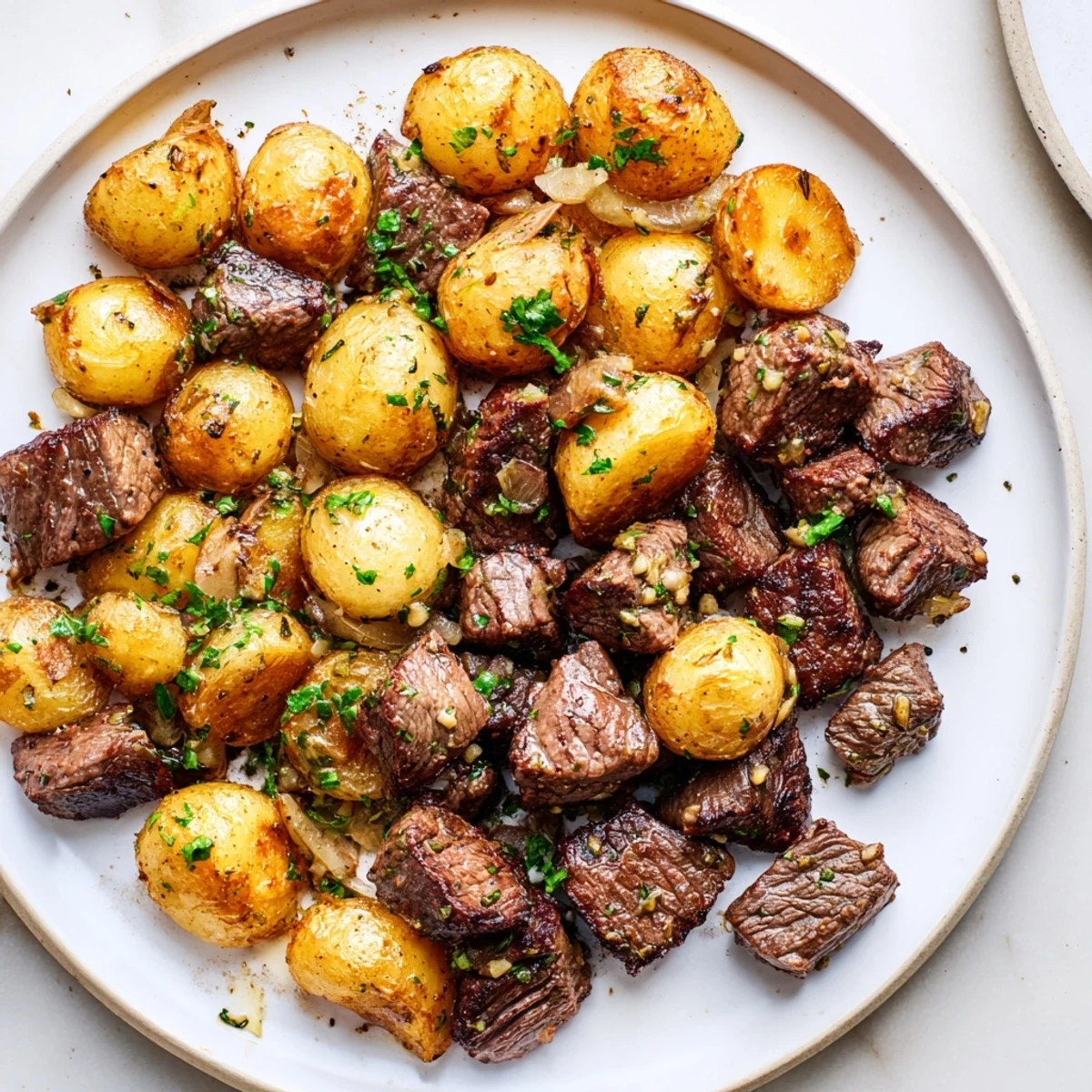 Garlic Steak Bites and Potatoes sizzling in garlic butter, garnished with parsley.