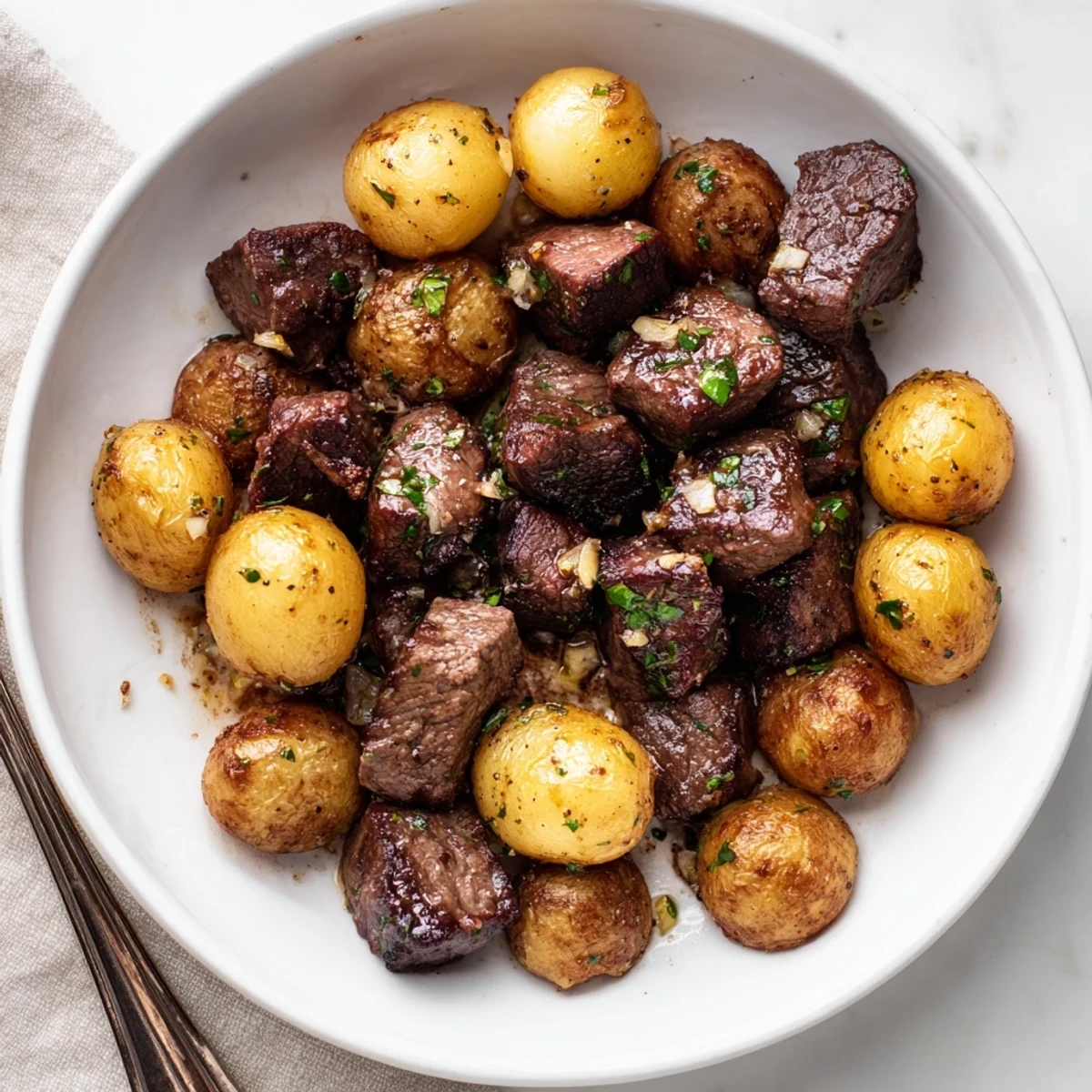 Hearty Garlic Steak Bites and Potatoes recipe served hot with a lemon wedge.