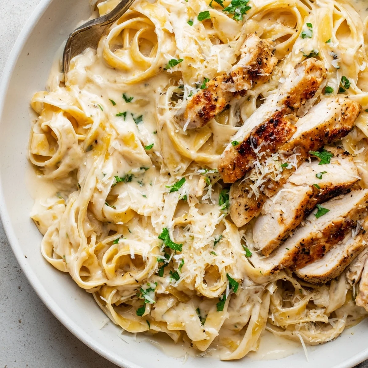 Creamy Garlic Chicken Pasta plated with parsley, steaming fettuccine and golden chicken