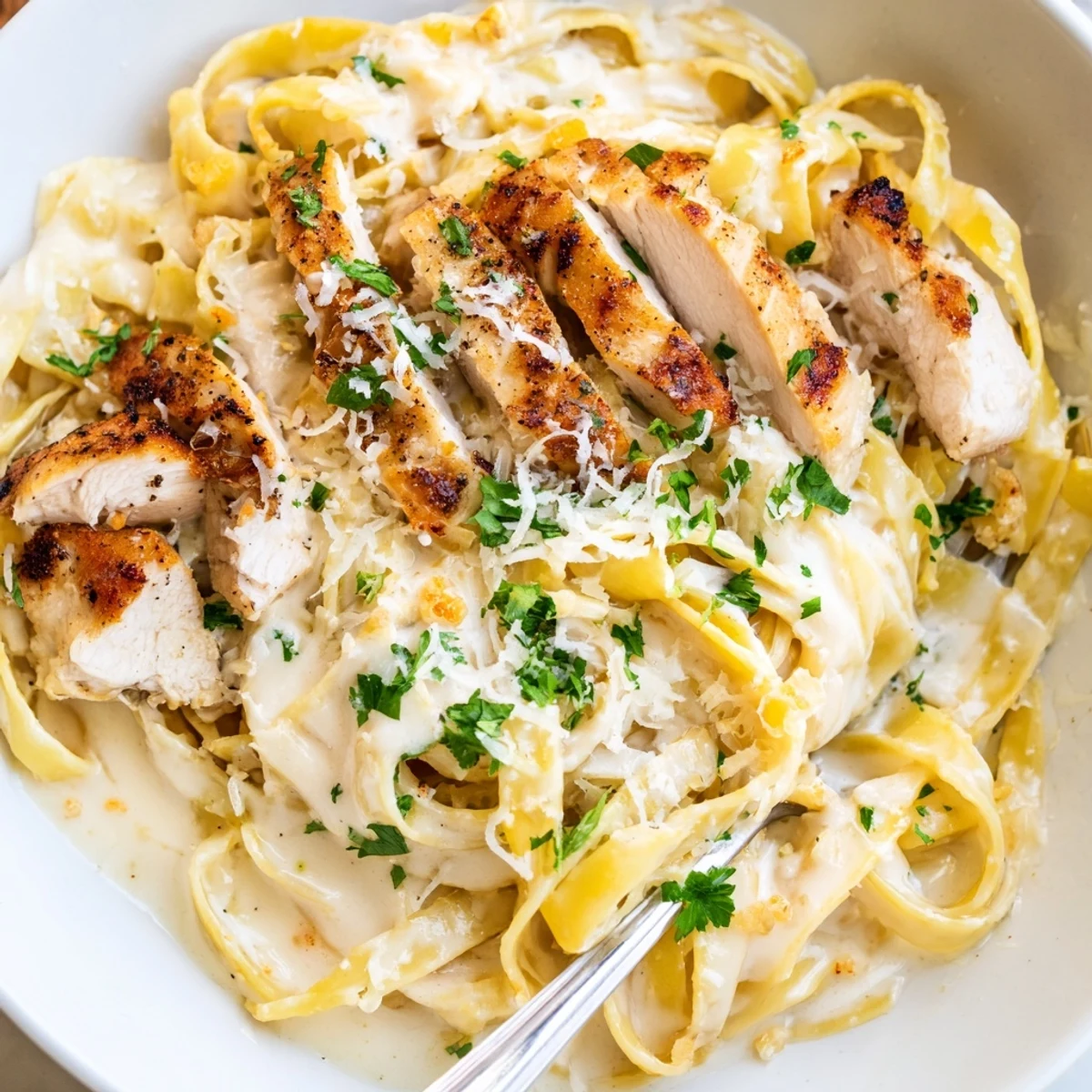 Rustic skillet of Creamy Garlic Chicken Pasta, sliced breasts and al dente noodles