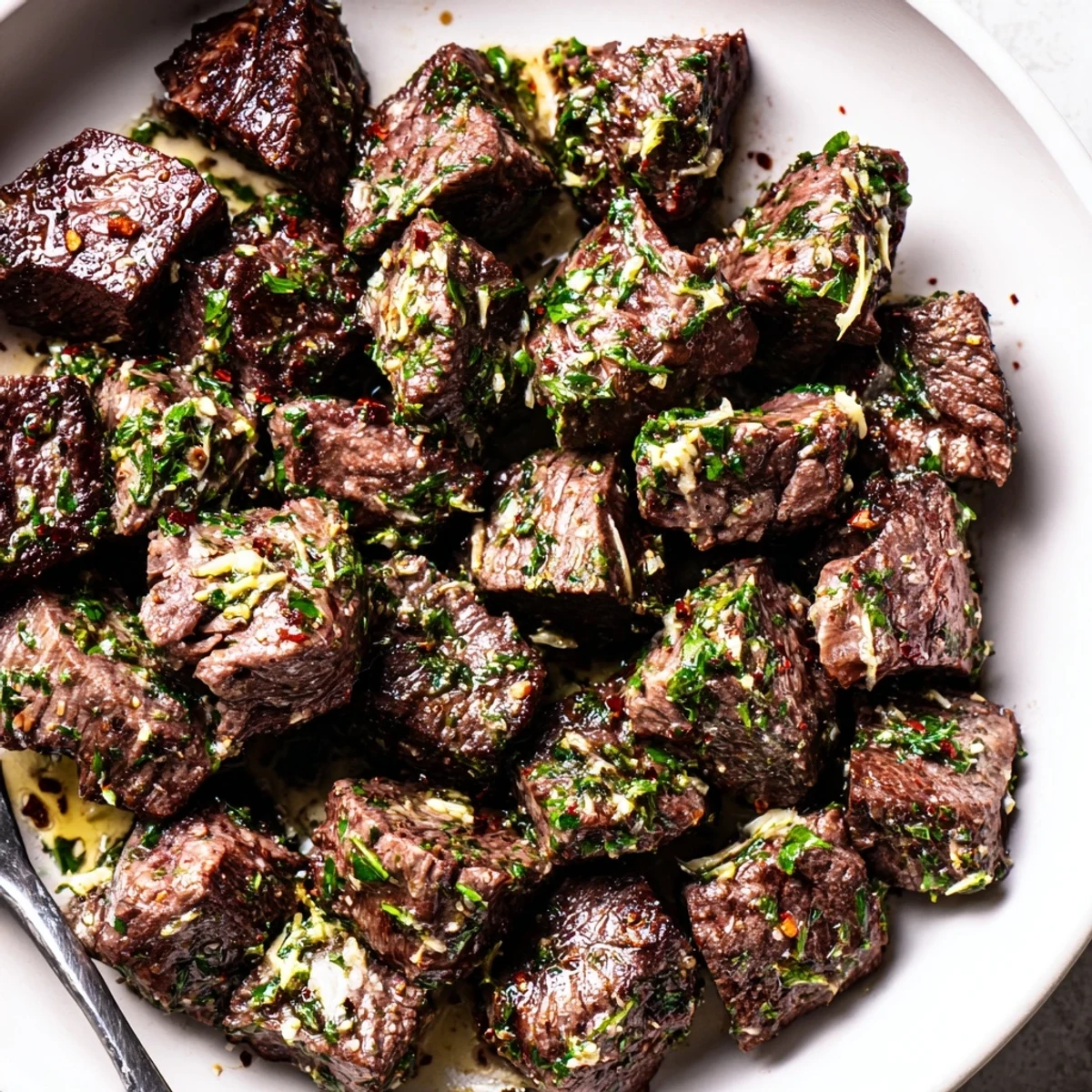 Hearty Cowboy Butter Steak Bites Recipe served hot with lemon-zested herb garnish