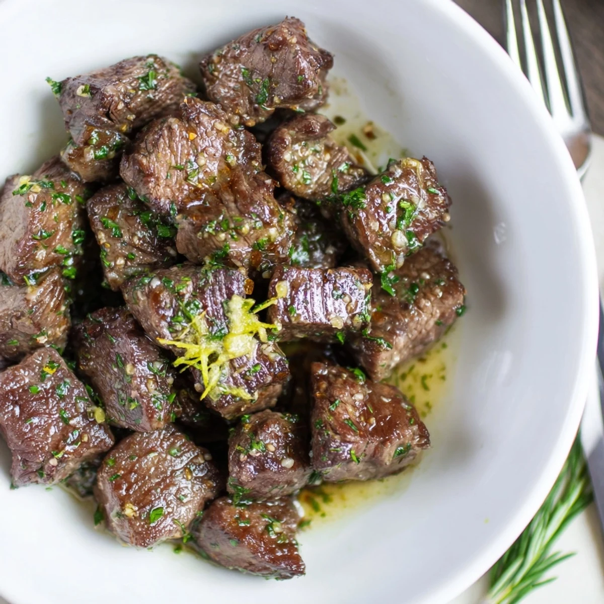 Skillet Cowboy Butter Steak Bites Recipe coated in zesty, garlicky butter for sharing
