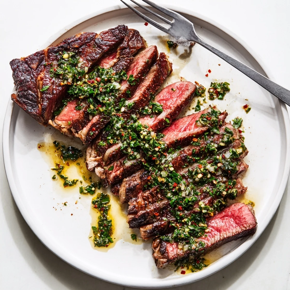 Close-up Chimichurri Steak Recipe showing herb-studded sauce glistening over sliced meat.